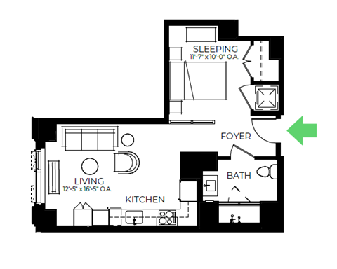 Floor plan for studio, 1 bath, 555 sqft